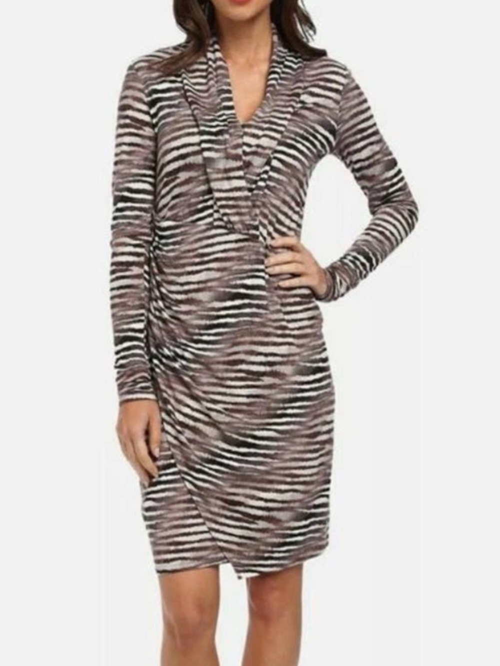 Tommy Bahama Long-Sleeve Zebra Stripe Wrap Dress - Mink Brown SZ M